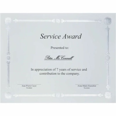 St. James® Certificate - 65 lb (29483.50 g) Basis Weight - "Service Award" - White with Silver Border - 15 / Pack  SILVER FOIL ON LINEN PAPER JULIAN STYLE - 15/PK