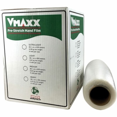 Malpack V-Maxx Pre-Stretch Hand Film, 18" x 1,476', Carton of 4 Rolls - Puncture Resistant - Clear - 4 / Carton STANDARD 4 ROLLS/CASE 