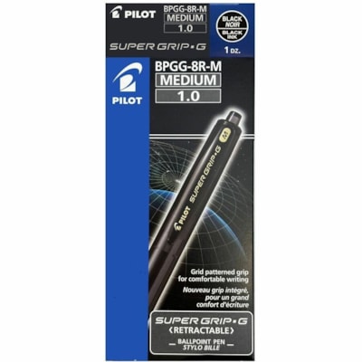 Pilot - Stylos à bille Super Grip G - 1 mm (0,04 po) Moyenne Pointe de stylo - Rechargeable - Rétractable - Ink Noir - Encre à base d'huile - Barrel Noir Plastique - Acier inoxydable, Carbure de tungstène Pointe - 12 / boîte POINTE A BILLE MOYENNE 1.0MM RECHARGEABLE  NOIR
