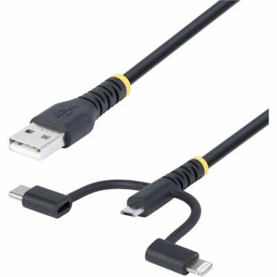 StarTech.com 3.3ft (1m) Rugged USB Multi Charging Cable, USB to Lightning/Micro-USB/Type-C, Apple MFi, Aramid Jacket, 3-in-1 Charger Cord - 3-in-1 Rugged USB Cable compatible w/portable devices; Apple MFi Certified Lightning; Supports USB-C and Micro-USB; Rugged cable design w/Aramid fiber; Flexible  MULTI CHARGING CABLE  USB TO LIGHTNING/MICRO-USB/