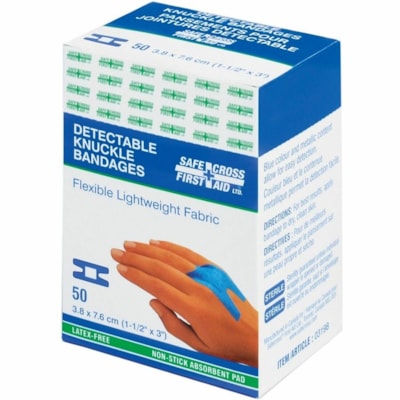 Safecross SAFECROSS Latex-Free Detectable Lightweight Blue Fabric Bandages - 1.50" (38.10 mm) Width x 3" (76.20 mm) Length - Fabric - 50 / Box KNUCKLE 3.8 X 7.6 CM LIGHTWEIGHT 50'S