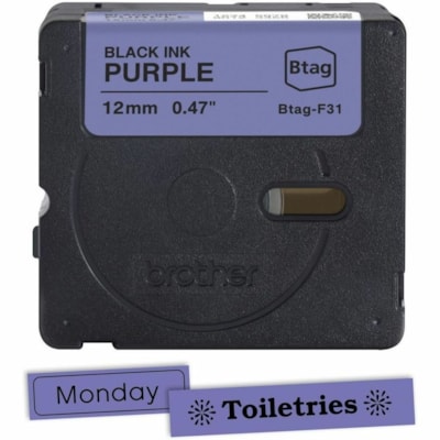 Brother P-touch BTAG-F31 Black on Purple Label Tape - x 15/32" (12 mm) Width x 13 1/8 ft (4 m) Length - Purple - Water Resistant - Temperature Resistant, Fade Resistant, Dishwasher Safe, Freezer Safe, Microwave Safe, Easy Peel, Removable, Household Liquid Resistant - 1 Each 12 MM NON-LAMINATED TAPE 