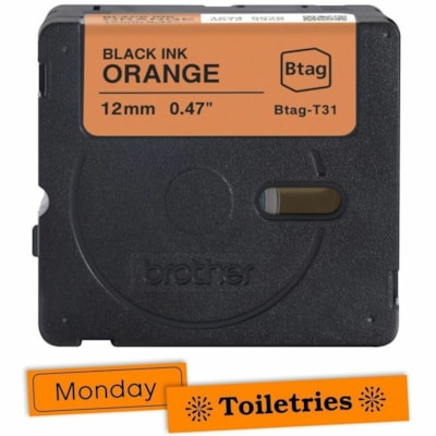 Brother P-touch BTAG-T31 Black on Orange Label Tape - x 15/32" (12 mm) Width x 13 1/8 ft (4 m) Length - Orange - Water Resistant - Temperature Resistant, Fade Resistant, Dishwasher Safe, Freezer Safe, Microwave Safe, Easy Peel, Removable, Household Liquid Resistant - 1 Each 12 MM NON-LAMINATED TAPE 