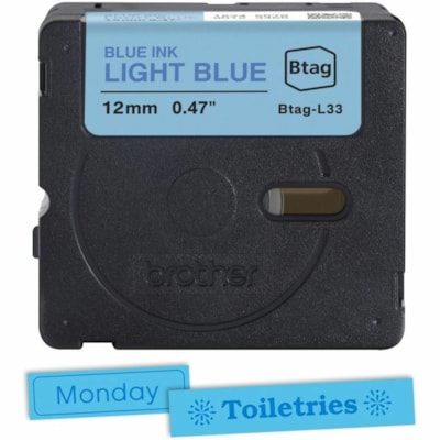 Brother P-touch BTAG-L33 Blue on Light Blue Label Tape - x 15/32" (12 mm) Width x 13 1/8 ft (4 m) Length - Light Blue - Water Resistant - Temperature Resistant, Fade Resistant, Dishwasher Safe, Freezer Safe, Microwave Safe, Easy Peel, Removable, Household Liquid Resistant - 1 Each 12 MM NON-LAMINATED TAPE 