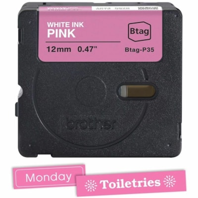 Brother P-touch BTAG-P35 White on Pink Label Tape - x 15/32" (12 mm) Width x 13 1/8 ft (4 m) Length - Pink - Water Resistant - Temperature Resistant, Fade Resistant, Dishwasher Safe, Freezer Safe, Microwave Safe, Easy Peel, Removable, Household Liquid Resistant - 1 Each 12 MM NON-LAMINATED TAPE 