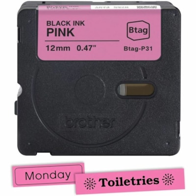 Brother P-touch BTAG-P31 Black on Pink Label Tape - x 15/32" (12 mm) Width x 13 1/8 ft (4 m) Length - Black on Pink - Water Resistant - Temperature Resistant, Fade Resistant, Dishwasher Safe, Freezer Safe, Microwave Safe, Easy Peel, Removable, Household Liquid Resistant - 1 Each 12 MM NON-LAMINATED TAPE 