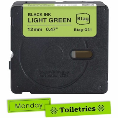 Brother P-touch BTAG-G31 Black on Light Green Label Tape - x 15/32" (12 mm) Width x 13 1/8 ft (4 m) Length - Light Green - Water Resistant - Temperature Resistant, Fade Resistant, Dishwasher Safe, Freezer Safe, Microwave Safe, Easy Peel, Removable, Household Liquid Resistant - 1 Each 12 MM NON-LAMINATED TAPE 