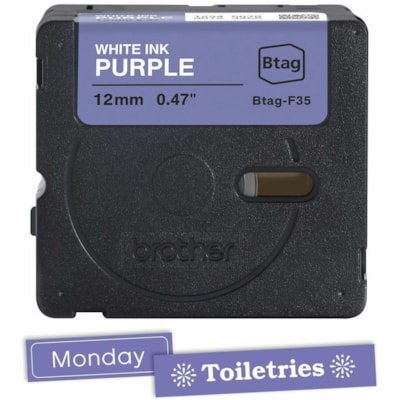 Brother P-touch BTAG-F35 White on Purple Label Tape - x 15/32" (12 mm) Width x 13 1/8 ft (4 m) Length - Purple - Water Resistant - Temperature Resistant, Fade Resistant, Dishwasher Safe, Freezer Safe, Microwave Safe, Easy Peel, Removable, Household Liquid Resistant - 1 Each 12 MM NON-LAMINATED TAPE 