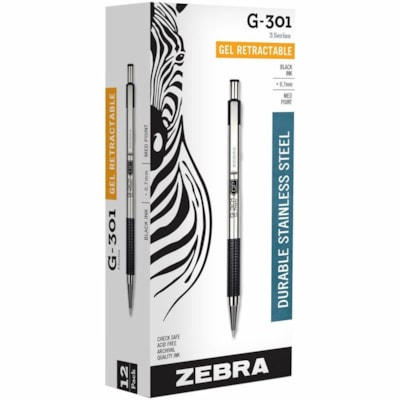 STYLO RÉTRACT. GEL ZEBRA G-301 NOIR  POINTE MOYENNE 0 7MM 