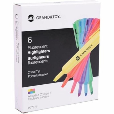 Grand & Toy Fluorescent Highlighters, Assorted Colours, Chisel Tip, 6/PK - Chisel Pen Point - Chisel Marker Point - Fluorescent Assorted Ink - Assorted Barrel - 6 / Pack YEL PNK GRN ORG BLU AND VIOLET CHISEL TIP
