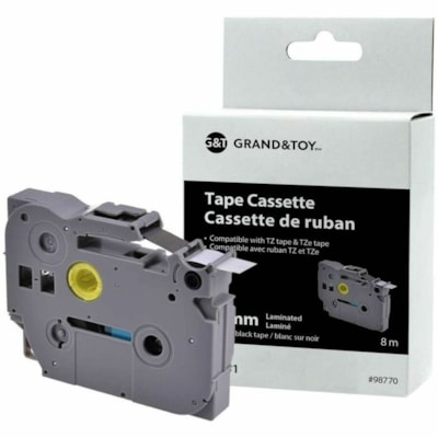 Grand & Toy - Cassette de ruban pour étiquettes TZe - largeur de 15/32 po (12 mm) x longueur de 26 1/4 pi (8 m) - Standard Adhésif - Transfert thermique - Noir sur blanc - Décollage facile - 1 chaque  