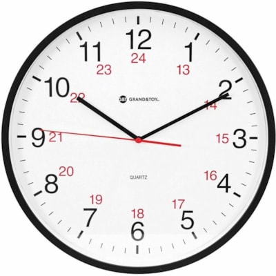 Grand & Toy 12/24-Hour 12" Wall Clock - Analog - Quartz - White, Black Main Dial NON-TICKING- BLACK 0.75" DEEP