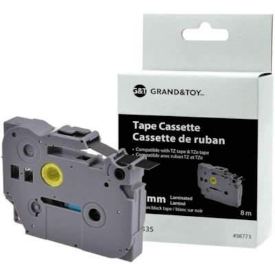 Grand & Toy - Ruban d'étiquettes TZe - largeur de 15/32 po (12 mm) x longueur de 26 1/4 pi (8 m) - Standard Adhésif - Transfert thermique - Noir avec texte noir - Décollage facile - 1 chaque  