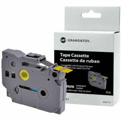 Grand & Toy - Ruban d'étiquettes TZe - largeur de 15/32 po (12 mm) x longueur de 26 1/4 pi (8 m) - Standard Adhésif - Transfert thermique - Jaune avec texte noir - Décollage facile - 1 chaque  