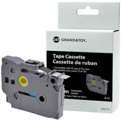Grand & Toy - Ruban d'étiquettes TZe - largeur de 45/64 po (18 mm) x longueur de 26 1/4 pi (8 m) - Standard Adhésif - Transfert thermique - Noir sur blanc - Support adhésif, Décollage facile  