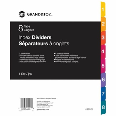 Grand & Toy Index Dividers, Numbered 1-8, 8 1/2" x 11" , 8-Tabs/ST, 1-Set/PK - 1-8 - 8 Tab(s)/Set - Letter - 8.50" (215.90 mm) Width x 11" (279.40 mm) Length - 3 Hole Punched - White Paper Divider - Assorted Plastic Tab(s) - Printable - 1 / Pack FOR BINDERS REINFORCED TABS AND HOLES INKJET & LASER