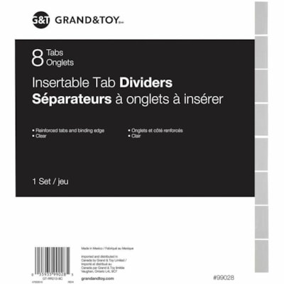 Grand & Toy Index Divider - 8 Blank Tab(s) - 8 Tab(s)/Set - 1.25" (31.75 mm) Tab Height - Letter - 8.50" (215.90 mm) Width x 11" (279.40 mm) Length - 3 Hole Punched - Buff Divider - Clear Paper, Mylar Tab(s) - Recycled - Insertable Tab, Reinforced Binding Edge, Reinforced Edges - 1 / Set BUFF STOCK FOR BNDR MYLAR TABS REINFORCED HOLES 10% RECYCLED