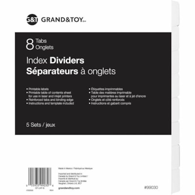 Grand & Toy Laser/Inkjet Printer Index Dividers, White, 8 1/2" x 11" , 8-Tabs/ST, 5 Sets/PK - 8 Blank Tab(s) - Letter - 8.50" (215.90 mm) Width x 11" (279.40 mm) Length - 3 Hole Punched - White Paper Divider - White Plastic Tab(s) - Reinforced Edges - 5 / Pack PER SET PACKAGE OF 5 SETS 3 HOLE PUNCHED  10% PCW