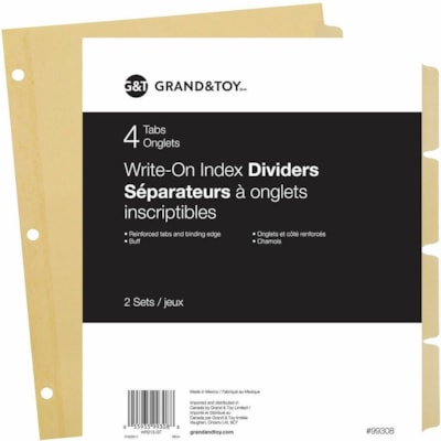 Grand & Toy Write-On Index Dividers, Buff, 8 1/2" x 11" , 4-Tabs/ST, 2 Sets/PK - Blank, Write-on Tab(s) - Index - 4 Tab(s)/Set - Letter - 8.50" (215.90 mm) Width x 11" (279.40 mm) Length - 3 Hole Punched - Tan Plastic DividerRecycled - Writable, Reinforced Edges, Reinforced Binding Edge, Reinforced  STOCK MYLAR  2STS OF 4TABS REINFORCED TABS/HOLES  10% PCW