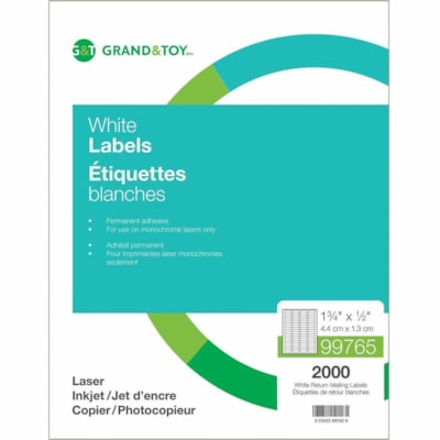 Grand & Toy Mailing Laser Labels, White, 1-3/4" x 1/2" , Sheet of 80 Labels, Box of 25 Sheets - 1 3/4" (44.45 mm) Height x 1/2" (12.70 mm) Width - Permanent Adhesive - Laser - White - Permanent Adhesive - 80 / Sheet - 25 Total Sheets - 2000 Total Label(s) - 25 80/SHEET 25 SHEETS/BOX 