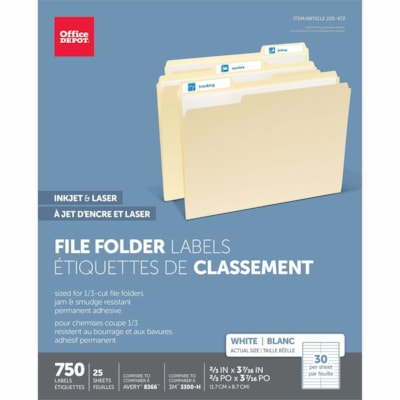 Office Depot Permanent File Folder Labels, Rectangle, 2/3" x 3 7/16" , White, Pack Of 750 - 2/3" (16.92 mm) Height x 3 7/16" (87.38 mm) Width - Rectangle - Inkjet, Laser - White - Self-adhesive - 30 / Sheet - 750 / Pack  