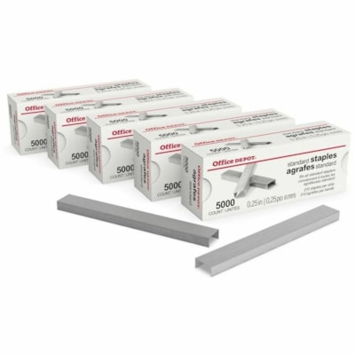 Grand & Toy Office Depot Standard Staples, 1/4" , Box of 5,000, Pack of 5 Boxes - Standard - 1/4" - 1/4" (6.35 mm) Leg - for Paper - 210 Per Strip - 5 / Pack PACK OF 5 BOXES 