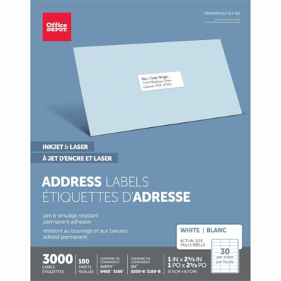Office Depot Inkjet/Laser Address Labels, Rectangle, 1" x 2 5/8" , White, Pack Of 3,000 - 1" Height x 2 5/8" Width x 1" Length - Permanent Adhesive - Rectangle - Inkjet, Laser - White - Paper - 30 / Sheet - 3000 / Box - Jam Resistant, Smudge Resistant  