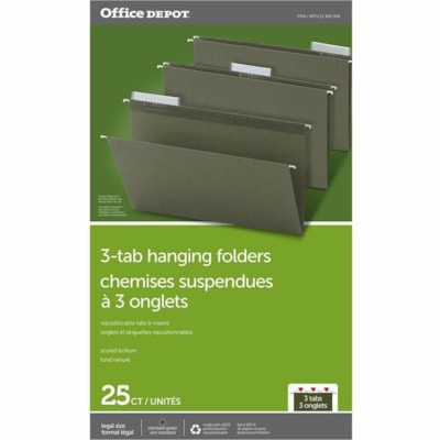 Office Depot 1/2 Tab Cut Legal Recycled Hanging Folder - 8 1/2" (215.90 mm) x 14" (355.60 mm) - Paper, Polyethylene - Green - 100% Recycled - 25 / Unit  