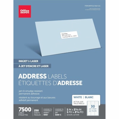 Office Depot Inkjet/Laser Address Labels, Rectangle, 1" x 2 5/8" , White, Pack Of 7,500 - 1" Height x 2 5/8" Width x 1" Length - Permanent Adhesive - Rectangle - Inkjet, Laser - White - Paper - 30 / Sheet - 7500 / Box - Jam Resistant, Smudge Resistant  