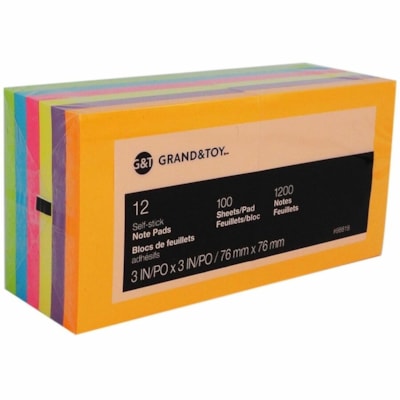 Grand & Toy Adhesive Note - 3" (76.20 mm) Flag/Note Width x 3" (76.20 mm) Flag/Note Length - Square - 100 Sheets per Pad - Unruled - Deep Orange, Deep Blue, Deep Green, Deep Pink, Deep Purple, Deep Yellow - Removable, Repositionable, Self-adhesive, Self-stick, Residue-free - 12 / Pack 100 SHEETS/PAD 12PK 12 PADS/PACK