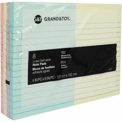 Grand & Toy Self-Stick Notes, Assorted Pastel Colours, Lined, 4" x 6" , 100 Sheets/Pad, 8 per - 100 x Pastel Blue, 100 x Pastel Purple, 100 x Pastel Yellow, 100 x Pastel Pink - 6" (152.40 mm) Flag/Note Width x 4" (101.60 mm) Flag/Note Length - Rectangle - 100 Sheets per Pad - Assorted Pastel, Blue,  100 SHEETS/PAD 8PK 8 PADS/PACK