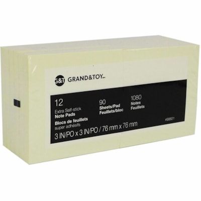Grand & Toy 3" x 3" Extra Self-Stick Note Pads, Yellow, 90 Sheets/Pad, 12 Pads/PK - 3" (76.20 mm) Flag/Note Width x 3" (76.20 mm) Flag/Note Length - Square - 90 Sheets per Pad - Yellow - Self-stick, Super Sticky, Self-adhesive - 12 / Pack 90 SHEETS/PAD 12PK 12 PADS/PACK