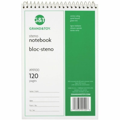 Grand & Toy - Ordinateur bloc-notes - 120 Pages - Reliure à spirales - Avec ligne Front Ruling - Margin Avec ligne - format 6 po (152,40 mm) x 9 po (228,60 mm) - Paper Vert - Recyclé - 1 / Unité PAPIER TEINTÉ VERT RÉGLÉ 2CÔTÉ LIGNE MÉDIANE