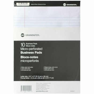 Bloc de papier Grand & Toy - 50 Feuilles - Margin Reglure large - format lettre - format 8 1/2 po (215,90 mm) x 11 po (279,40 mm) - Paper Blanc - Microperforé - 10 / emballage BLANC MICRO PERFORATIONS 50 FEUILLES PAR BLOC