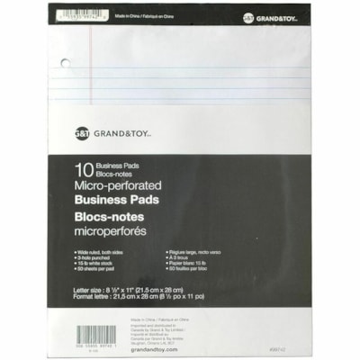 Grand & Toy Notepad - 50 Sheets - 3-ring Binding - Both Side Ruling Surface - Wide Ruled Front Ruling - Ruled Margin - 3 Hole(s) - Letter - 8 1/2" (215.90 mm) x 11" (279.40 mm) Sheet Size - White Paper - Micro Perforated - 10 / Pack PUNCHED MICRO-PERFORATED 50 SHTS X 10PADS PER PACKAGE