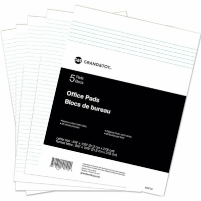 Grand & Toy Economy Letter-Size Pads, White with Narrow Rule, 8 1/2" x 11" , Pack of 5 - 96 Sheets - Both Side Ruling Surface - Narrow Ruled Margin - Letter - 8" (203.20 mm) x 11" (279.40 mm) Sheet Size - White Paper - 5 / Pack BOTH SIDES 96 SHEETS ECONOMY