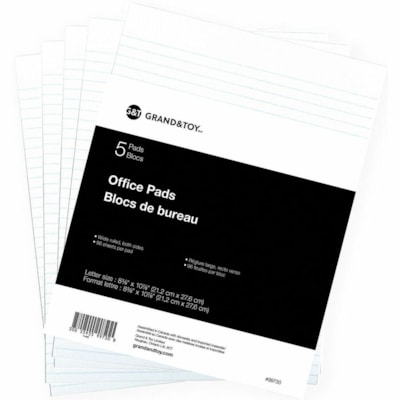 Bloc d'écriture Grand & Toy - 96 Feuilles - Margin Reglure large - format lettre - format 8 po (203,20 mm) x 11 po (279,40 mm) - Paper Blanc - 5 / emballage 5/16" RECTO-VERSO  96 FEUILLES PAR BLOC  ÉCONOMIQUE