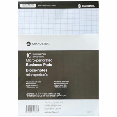 Bloc de papier Grand & Toy - 50 Feuilles - Collé - Quadrillé Front Ruling - Margin Avec ligne - format lettre - format 8 1/2 po (215,90 mm) x 11 po (279,40 mm) - Paper Blanc - Microperforé - 10 / emballage 4 CARREAUX/POUCE BLANC MICRO-PERFORATION 50FEUIL/BLOC