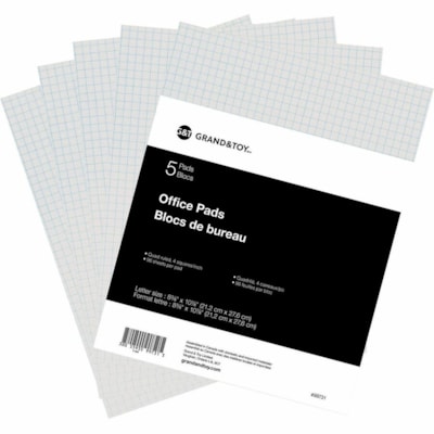 Grand & Toy Economy Letter-Size Pads, White with Quad Rule (4 sq), 8 1/2" x 11" , Pack of 5 - 96 Sheets - Ruled Margin - Letter - 8" (203.20 mm) x 11" (279.40 mm) Sheet Size - White Paper - 5 / Pack 96 SHEETS ECONOMY 