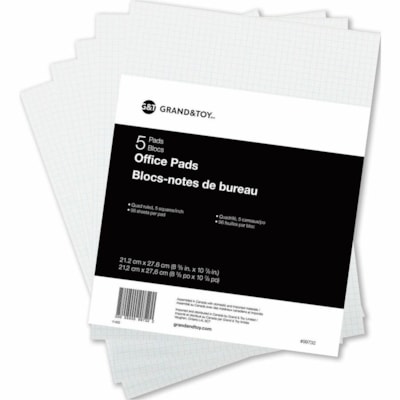Grand & Toy Economy Letter-Size Pads, White with Quad Rule (5 sq), 8 1/2" x 11" , Pack of 5 - 96 Sheets - Quad Ruled Front Ruling - Letter - 8 1/2" (215.90 mm) x 11" (279.40 mm) Sheet Size - White Paper - 5 / Pack 96 SHEETS ECONOMY 
