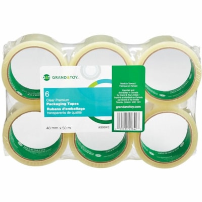 Grand & Toy Premium Packaging Tape, Clear, 48 mm x 50 m, 6/PK - 54.7 yd (50 m) Length x 1.89" (48 mm) Width x 1.57 mil (0.04 mm) Thickness - Clear - Impact Resistant - For Packaging - 6 / Pack 50M LONG SUPERIOR HOLDING 30MC POWER IMMEDIATE ADHESION