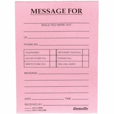 Grand & Toy Phone Message Pads, Pink, 4 1/4" x 5 1/2" , 10/PK - 72 Sheet(s) - 4 1/4" (10.8 cm) x 5 1/2" (14 cm) Sheet Size - Pink Sheet(s) - 10 / Pack 4 ¼ X 5 ½ BLACK PRINT 72/PAD