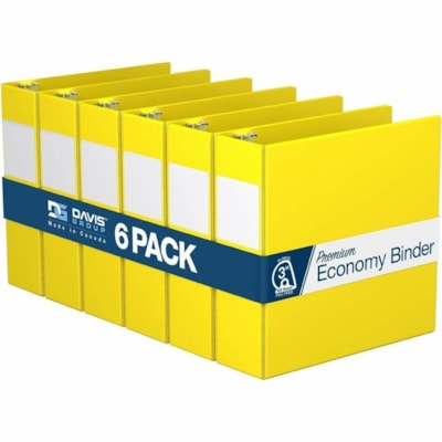 Davis Premium Economy, Angle D Ring, Binder, 6 Pack (Yellow, 3") - Letter - 8 1/2" (215.90 mm) x 11" (279.40 mm) Sheet Size - 625 Sheet Capacity - 3 x 3" (76.20 mm) Ring(s) - Fastener(s): D-Ring - Pocket(s): 2, Inside Front & Back - Polypropylene - Yellow - 9.10 lb (4127.69 g) - Recycled - Spine Lab  