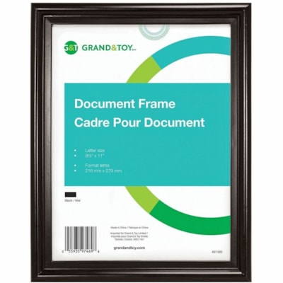 Grand & Toy Document Frame, Black, Letter-Size - 12.50" (317.50 mm) x 9" (228.60 mm) Frame Size - Holds 11" (279.40 mm) x 8.50" (215.90 mm) Insert - Wall Mountable - Portrait, Landscape - Medium Density Fiber (MDF) - Black - 1 / Unit  