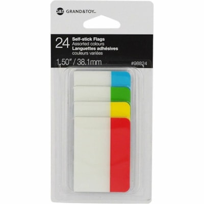 Grand & Toy Filing Tabs, 2" x 1 1/2" , Assorted Colours, 24/PK - 2" (50.80 mm) Tab Height x 1.50" (38.10 mm) Tab Width - Self-adhesive - Assorted, Red, Blue, Green, Yellow Tab(s) - Wear Resistant, Tear Resistant, Removable - 24 / Pack 6 TABS/PAD 4 PADS/PACK