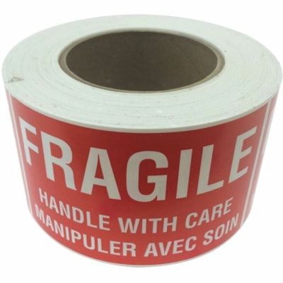 EDGE Shipping Label - Fragile - Handle with Care - x 3" (76.20 mm) Width x 5" (127 mm) Length - Roll - Permanent Adhesive - Rectangle - Red - Paper - Self-adhesive, Bilingual, Pre-printed, Peel & Stick, Strong, Peeling Resistant, Easy Peel - 500 / Roll - 1 3"X5" WHITE ON RED BI-LINGUAL 500 LABELS PER ROLL