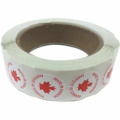 EDGE "Made in Canada" Shipping Labels, Bilingual, Red on White, 1" Circle, 1,000/RL - Red On White - Bilingual, Pre-printed, Self-adhesive - 1000 / Roll RED ON WHITE 1000 LABELS/ROLL BILINGUAL