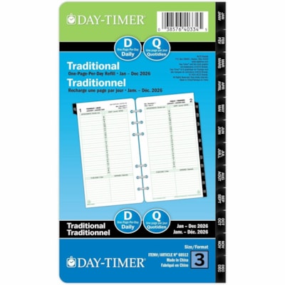 Day-Timer 2026 Dated Refill 1-Page/Day Portable - 6-3/4" H x 3-3/4" W - Bilingual - Daily - 12 Month - January 2026 to December 2026 - 8:00 AM to 8:00 PM - Hourly - 1 Day Single Page Layout - 3 3/4" (95.25 mm) x 6 3/4" (171.45 mm) Sheet Size - Green - Paper Cover - Event Planning Sheet, Task List, A 1PPD 3.75X6.75 BILINGUAL 30% PCW