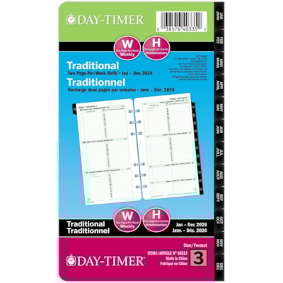 Day-Timer 2026 Dated Refill 2-Pages/Week Portable - 6-3/4" H x 3-3/4" W - Bilingual - Weekly - 12 Month - January 2026 to December 2026 - 8:00 AM to 5:00 PM - Hourly - Monday - Friday, 8:00 AM to 12:00 PM - Hourly - Saturday - Sunday - 1 Week Double Page Layout - 3 3/4" (95.25 mm) x 6 3/4" (171.45 m 3.75X6.75 BILINGUAL 30% PCW
