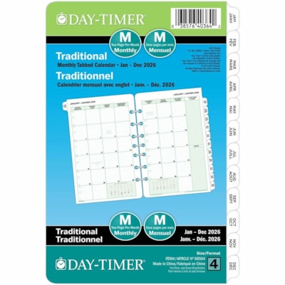 Day-Timer 2026 Dated Refill 2-Pages/Month Desk - 8-1/2" H x 5-1/2" W - Bilingual - Desk - Monthly - 12 Month - January 2026 to December 2026 - 1 Month Double Page Layout - 5 1/2" (139.70 mm) x 8 1/2" (215.90 mm) Sheet Size - 7 x Holes - Green - Paper - Paper Cover - Tabbed, Reference Month, To-do Li 5.5X8.5 BILLINGUAL 30% PCW